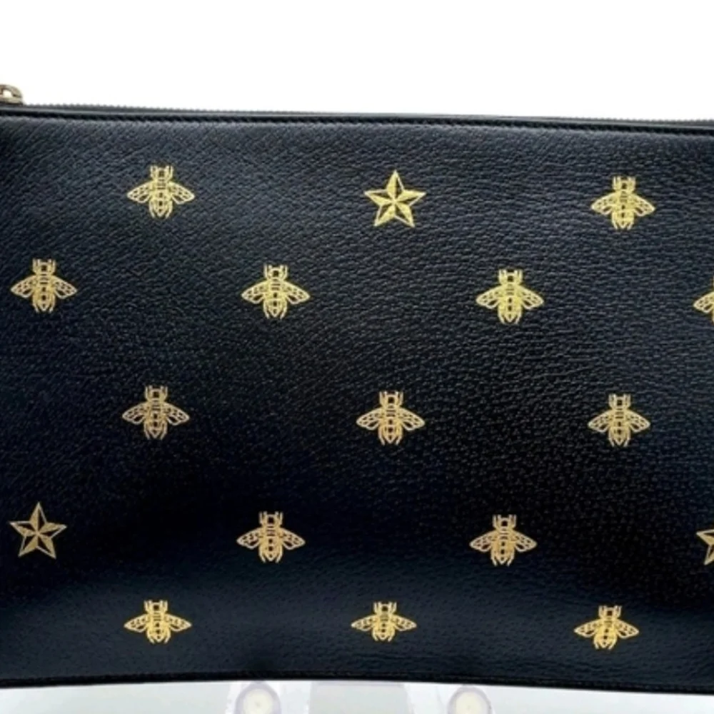 GUCCI Black Leather Bee & Star Wristlet Pouch Clutch 495066 Full Inclusion LNC - Picture 2 of 10